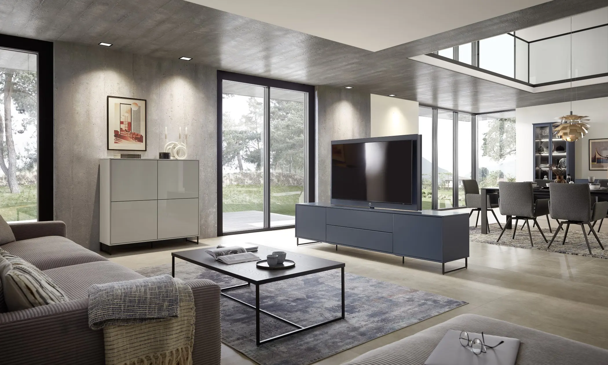 Sie sehen ein Lowboard auf Kufen, Fernseher ist schwenkbar, eine Kommode auf Kufen, Farbbeispiele